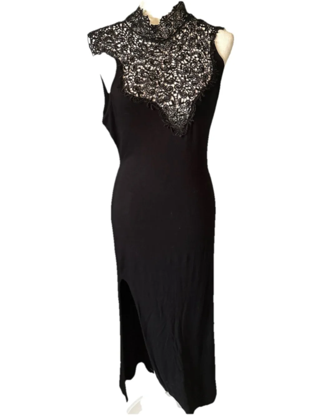 Nella Fantasia Black Maxi Dress Large L Lace Mock Neck Bodycon Side Slit Cutout
